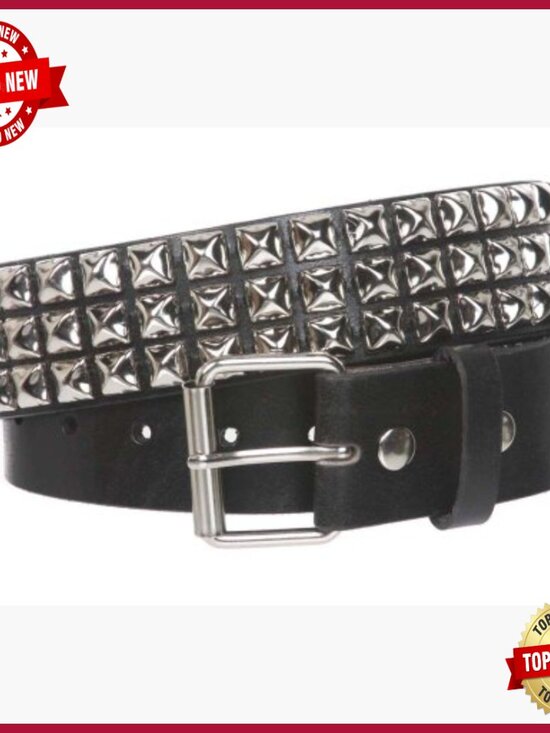 Three Row Studded Punk Rock Leather Belt - Snap On Buckle